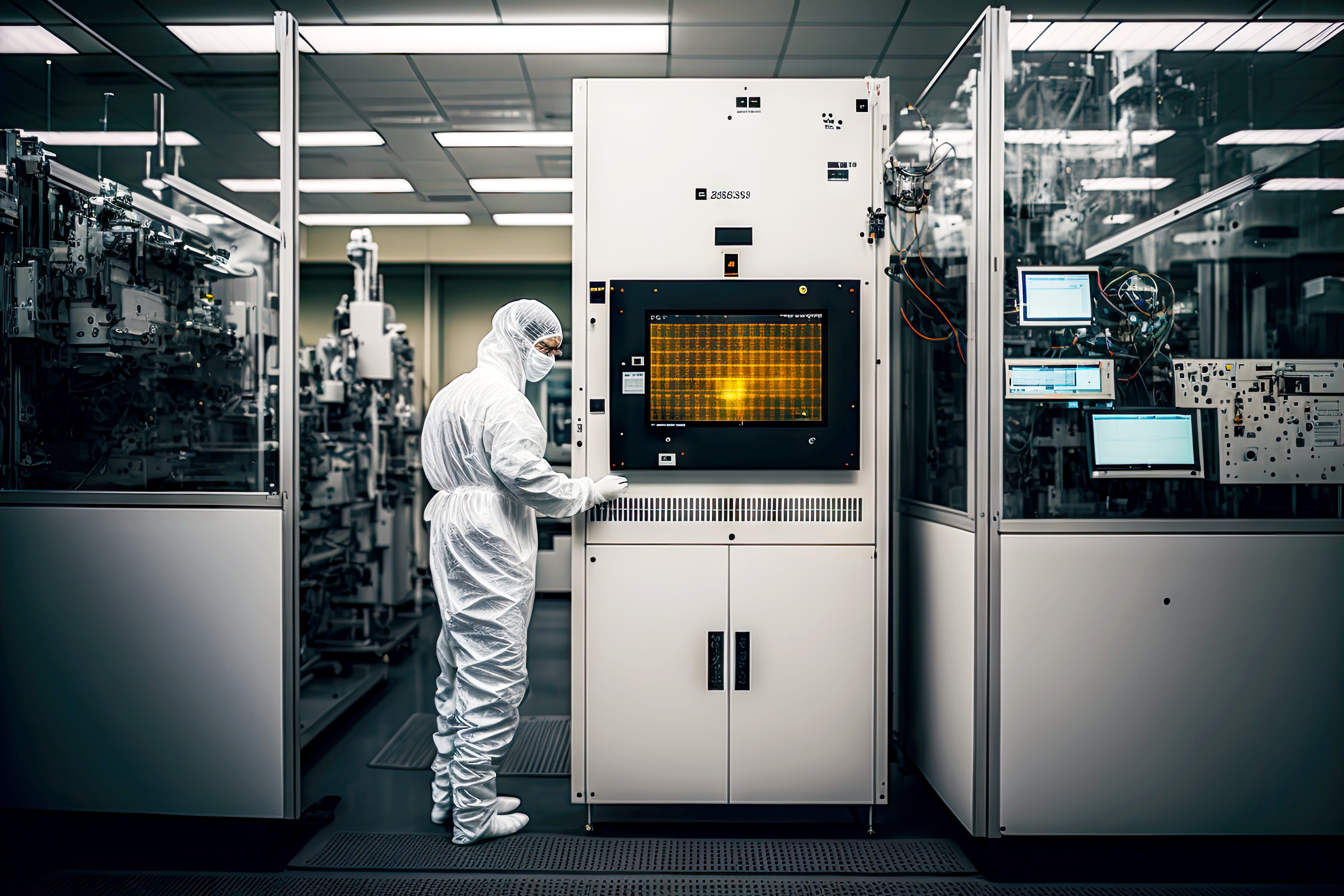 semiconductor fabricator worker next to foup machine
