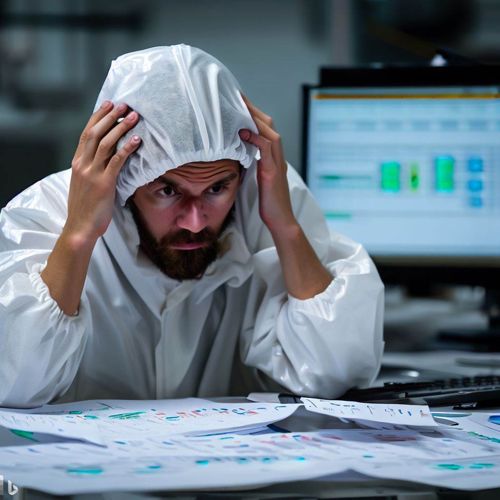 people working in a manufacturing fab wearing white hooded coveralls frustrated with excel spreadsheets